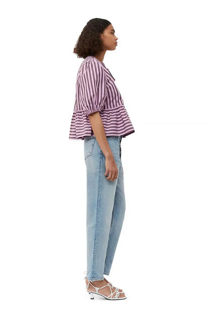 Amora™ Çizgili Puf Kol Peplum Fiyonklu Bluz Kısa Üst