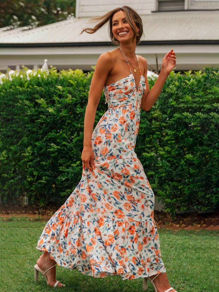 Amora™ Sue Çiçek Baskılı Halter Yaka Uzun Sundress