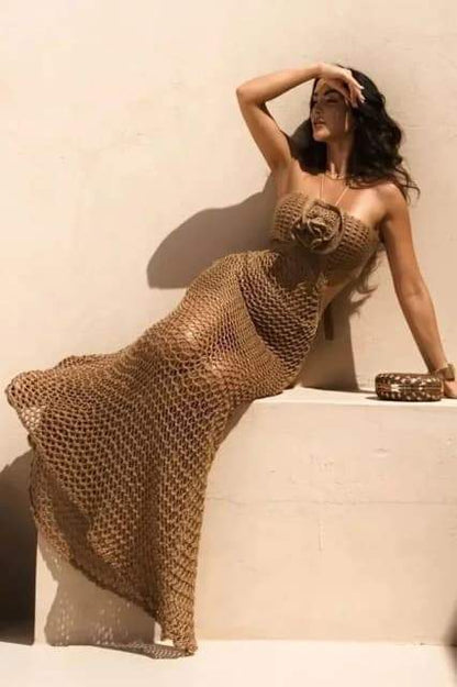Amora™ Yedda Halter Yaka Tığ İşi Uzun Elbise
